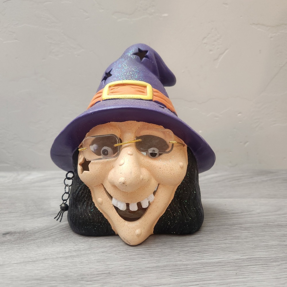 Vintage Purple Witch Candle Holder 7" Halloween Glitter Star Cutout Spooky Decor